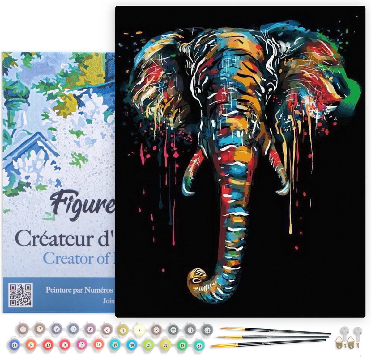 FiguredArt Schilderen op Nummer Volwassenen met lijst - Olifant schilderij - Handwerk acrylverf Kit DIY Compleet - 40x50cm Canvas al ingelijst